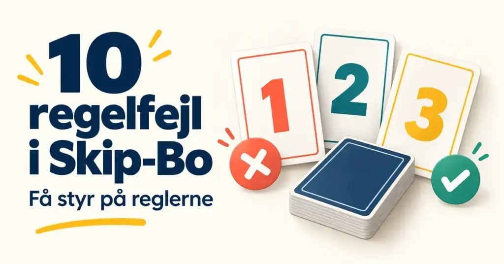 Grafik med teksten »10 regelfejl i Skip-Bo – Få styr på reglerne«, nummererede spillekort og symboler for fejl og korrekte regler.