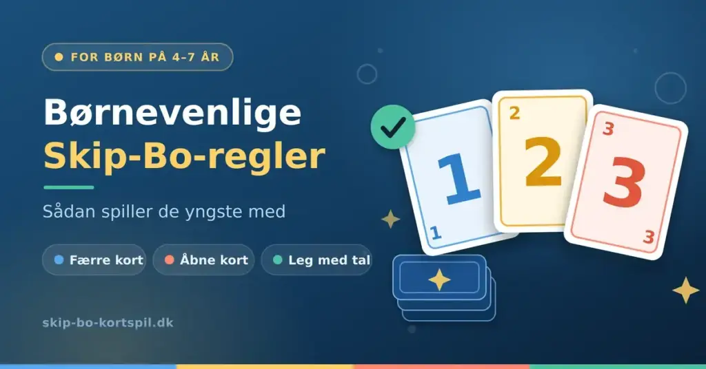 Grafik med tre farverige nummererede spillekort og en kortbunke ved siden af overskriften "Børnevenlige Skip-Bo-regler – sådan spiller de yngste med".