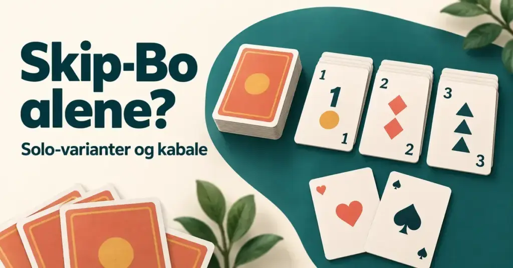 Illustration af nummererede kort og spillekort lagt op til solospil med teksten »Skip-Bo alene? Solo-varianter og kabale«.