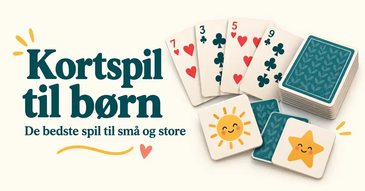 Farverige spillekort og vendekort med sol og stjerne ved siden af teksten »Kortspil til børn – De bedste spil til små og store«.