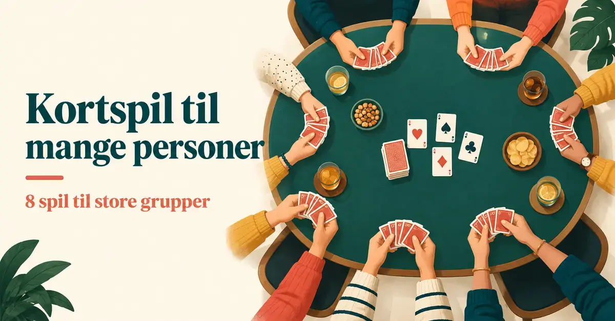 Illustration af en stor gruppe, der spiller kort omkring et grønt bord, med teksten »Kortspil til mange personer – 8 spil til store grupper«.
