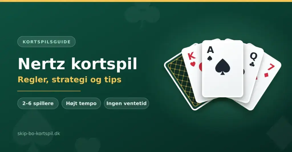 Illustration af kortspillet Nertz med en vifte af spillekort på grøn baggrund og teksten »Nertz kortspil – regler, strategi og tips«.