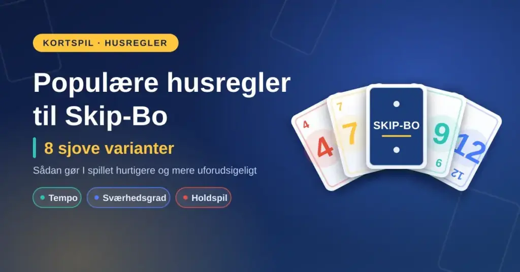 Grafik med teksten "Populære husregler til Skip-Bo – 8 sjove varianter" ved siden af en vifte af farverige Skip-Bo-spillekort med tallene 4, 7, 9 og 12 samt et SKIP-BO-jokerkort.