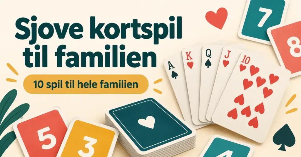 Illustration af klassiske spillekort og farverige talkort med teksten »Sjove kortspil til familien« og »10 spil til hele familien«.