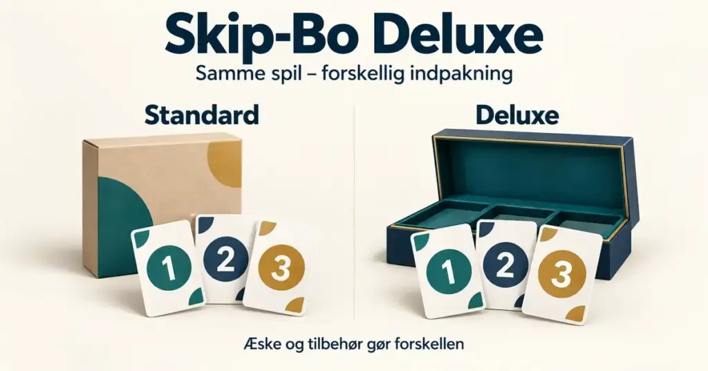 Illustration af standard- og deluxe-udgaven af Skip-Bo med ens nummererede kort og forskellig indpakning i en enkel papæske og en eksklusiv æske.