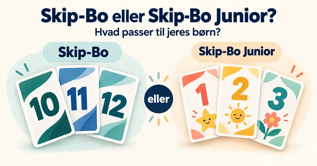 Illustration af Skip-Bo og Skip-Bo Junior med to sæt talkort og teksten »Hvad passer til jeres børn?«.