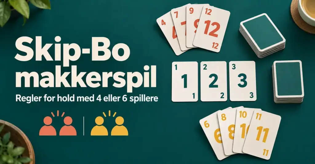 Grafik om Skip-Bo makkerspil for 4 eller 6 spillere med nummererede kort, kortbunker og symboler for to makkerpar på en mørkegrøn baggrund.
