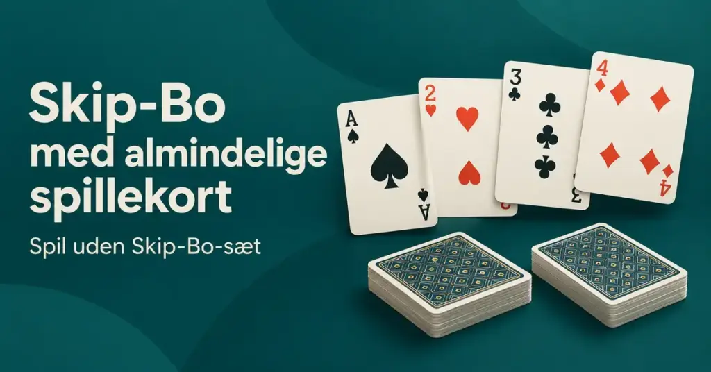 Almindelige spillekort fra es til fire og to kortbunker på en mørkegrøn baggrund med teksten »Skip-Bo med almindelige spillekort – Spil uden Skip-Bo-sæt«.