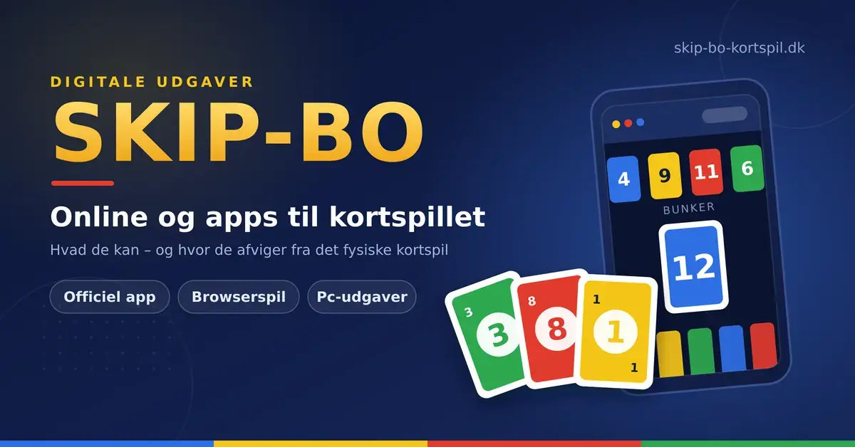 Grafik med teksten “Skip-Bo – online og apps til kortspillet” ved siden af en smartphone, der viser et digitalt kortspil, og en vifte af nummererede spillekort.