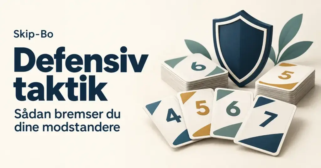 Nummererede spillekort og et skjold illustrerer defensiv taktik i Skip-Bo med teksten »Sådan bremser du dine modstandere«.