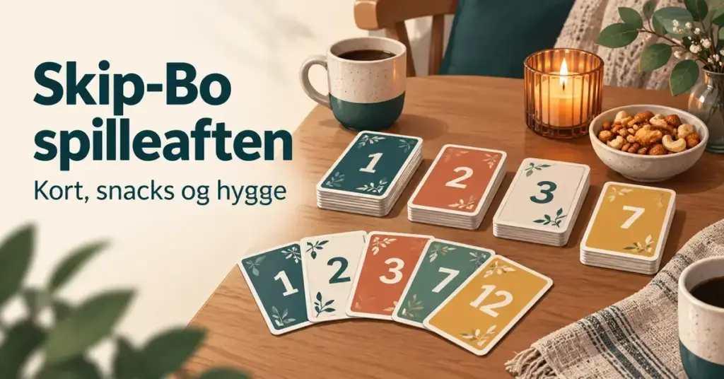 Illustration af en hyggelig Skip-Bo spilleaften med nummererede kort, kopper, snacks og et tændt stearinlys.
