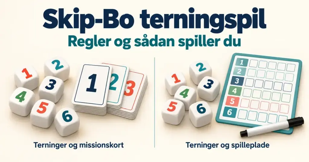 Illustration af to typer Skip-Bo terningspil med terninger og missionskort til venstre og terninger, spilleplade og tusch til højre.