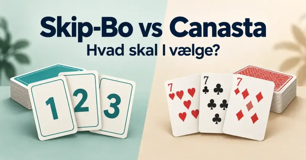 Sammenligning af Skip-Bo og Canasta med nummererede kort til venstre og almindelige spillekort til højre under teksten »Hvad skal I vælge?«.